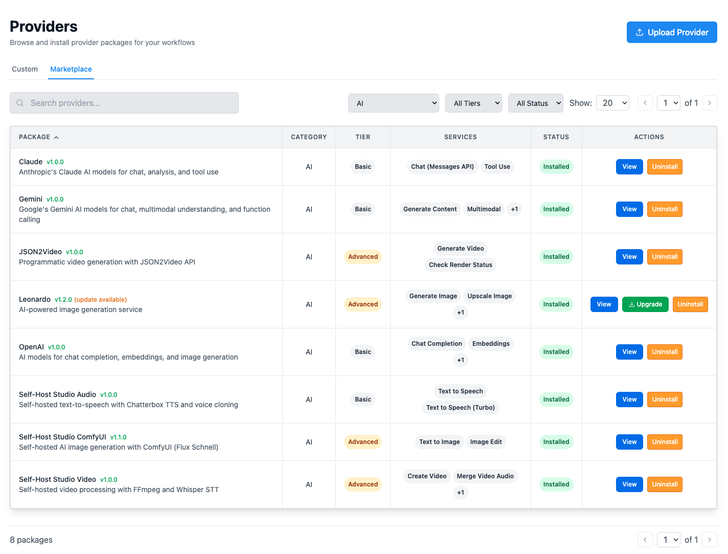 Provider marketplace with one-click installation
