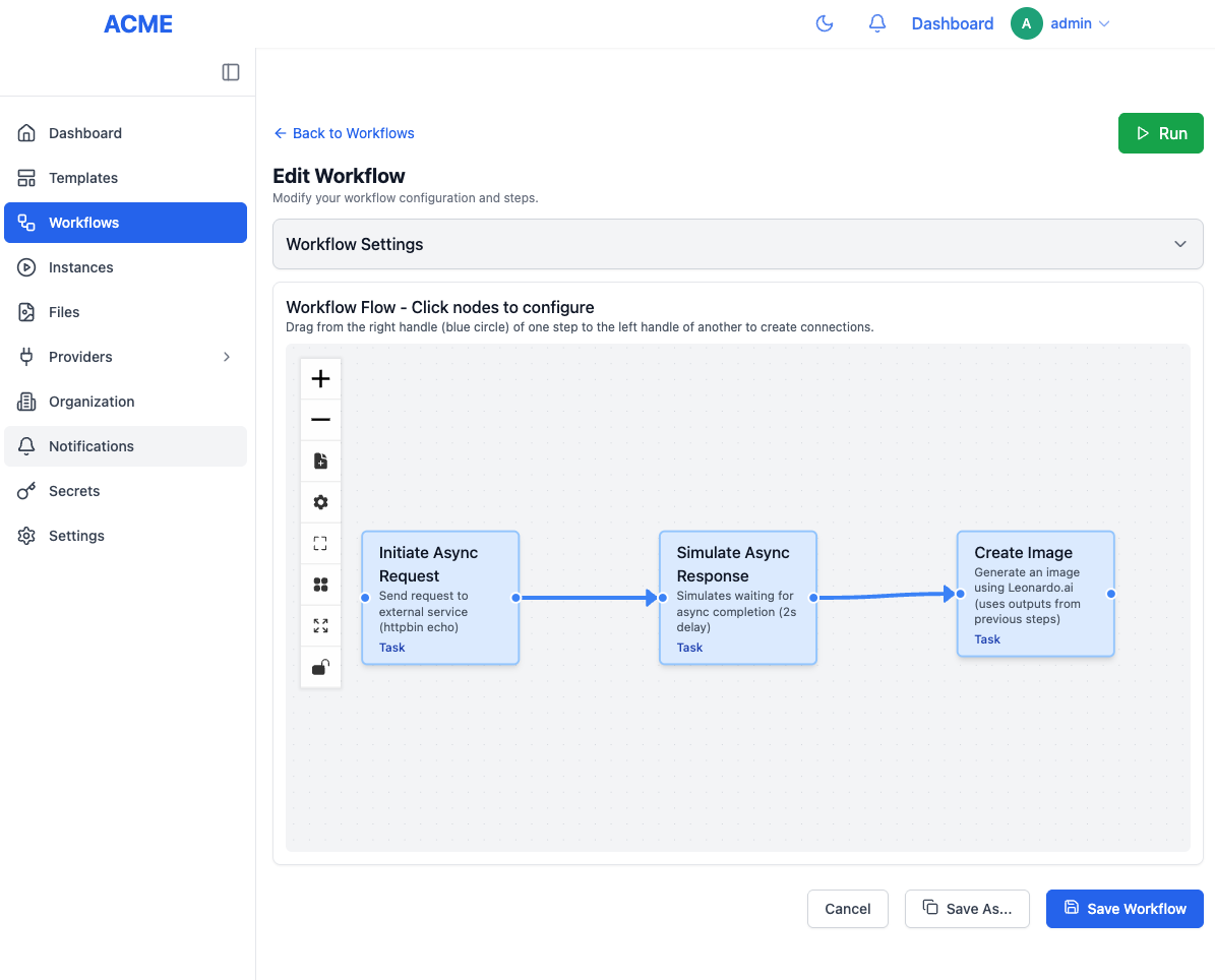 Visual workflow editor with drag-and-drop nodes